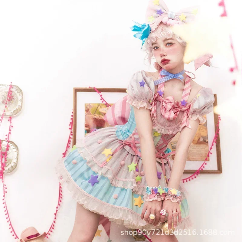 Japanische süße Clown Lolita Kleid Mädchen Erdbeer Hase Jsk Kleider Frauen Harajuku schlaflose süße Kleider 2023 Cosplay Vestido