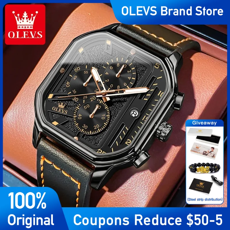 Olevs relógio masculino marca de luxo quadrado quartzo relógio de pulso à prova dwaterproof água luminosa pulseira couro esporte masculino reloj relógio