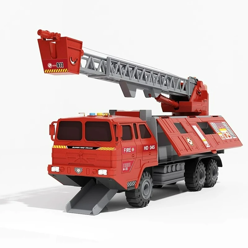 Kids Fire Engine Car Toy Model with Sound Light Ladder Fire Truck Wheel Pull Back Sprinkler Rescue Vehicle Boys Decoration Gifts