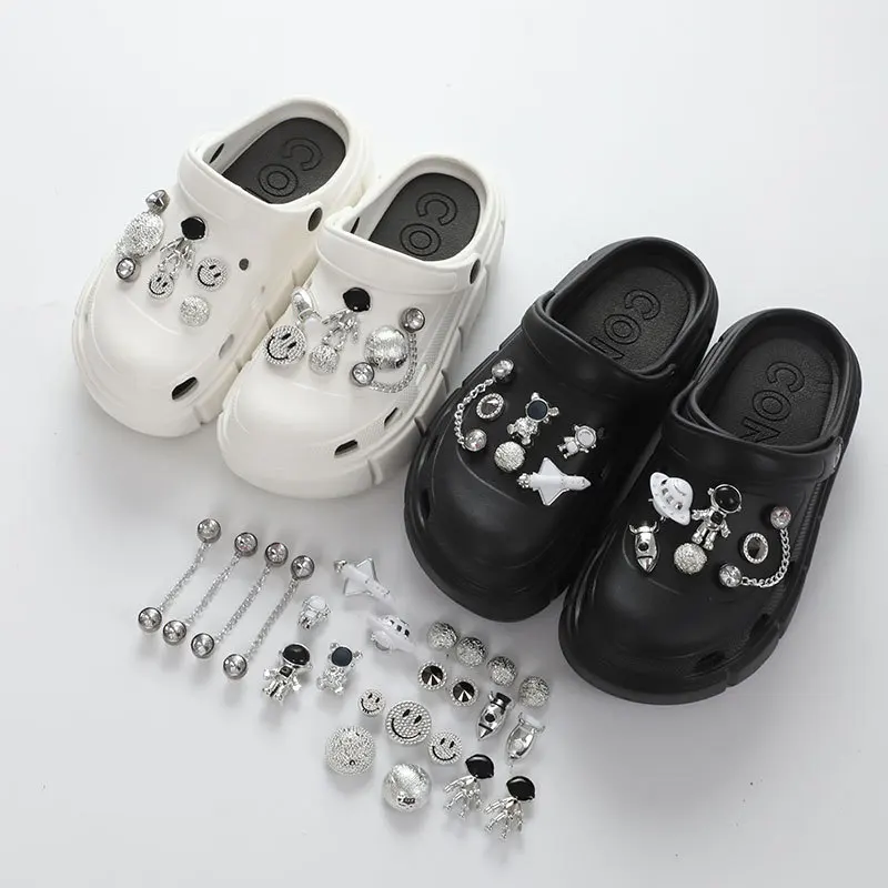 Silver UFO Aliens Hole Shoe Charms Decoration Shoe Buckle Cute Smiling Face Space Rocket DIY Shoes Flower Accessories