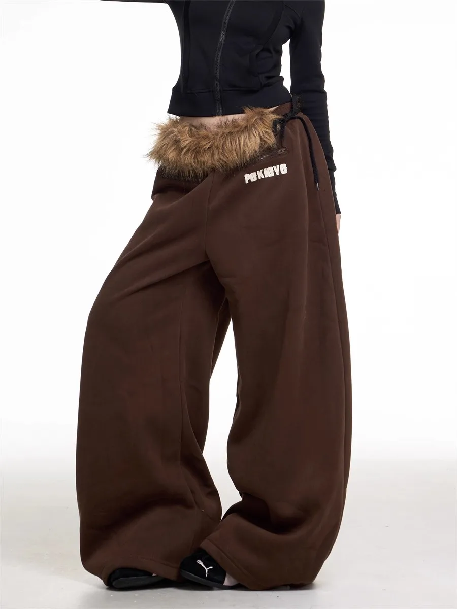 Retro American Spicy Girl Plush Wide Leg Sweatpants Women's Autumn Winter New Style Fleece Loose Drape Dancing Casual Pants T...