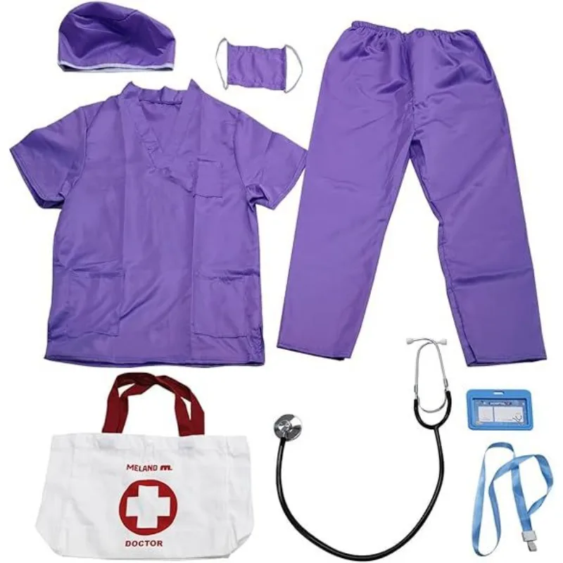 Kid's Doctor Cosplay Nurse Costume Nurse Scrubs Set with Lab Coat Carry Bag Doctor Dress Up Halloween Career Day Role Play