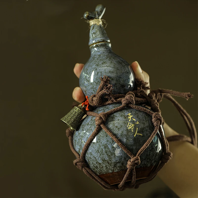 Slanted Span Hot Water Kettle with Net Bag Ceramic Wine Gourd Set New Ancient Style Portable High-end Household Sealed Wine Ware