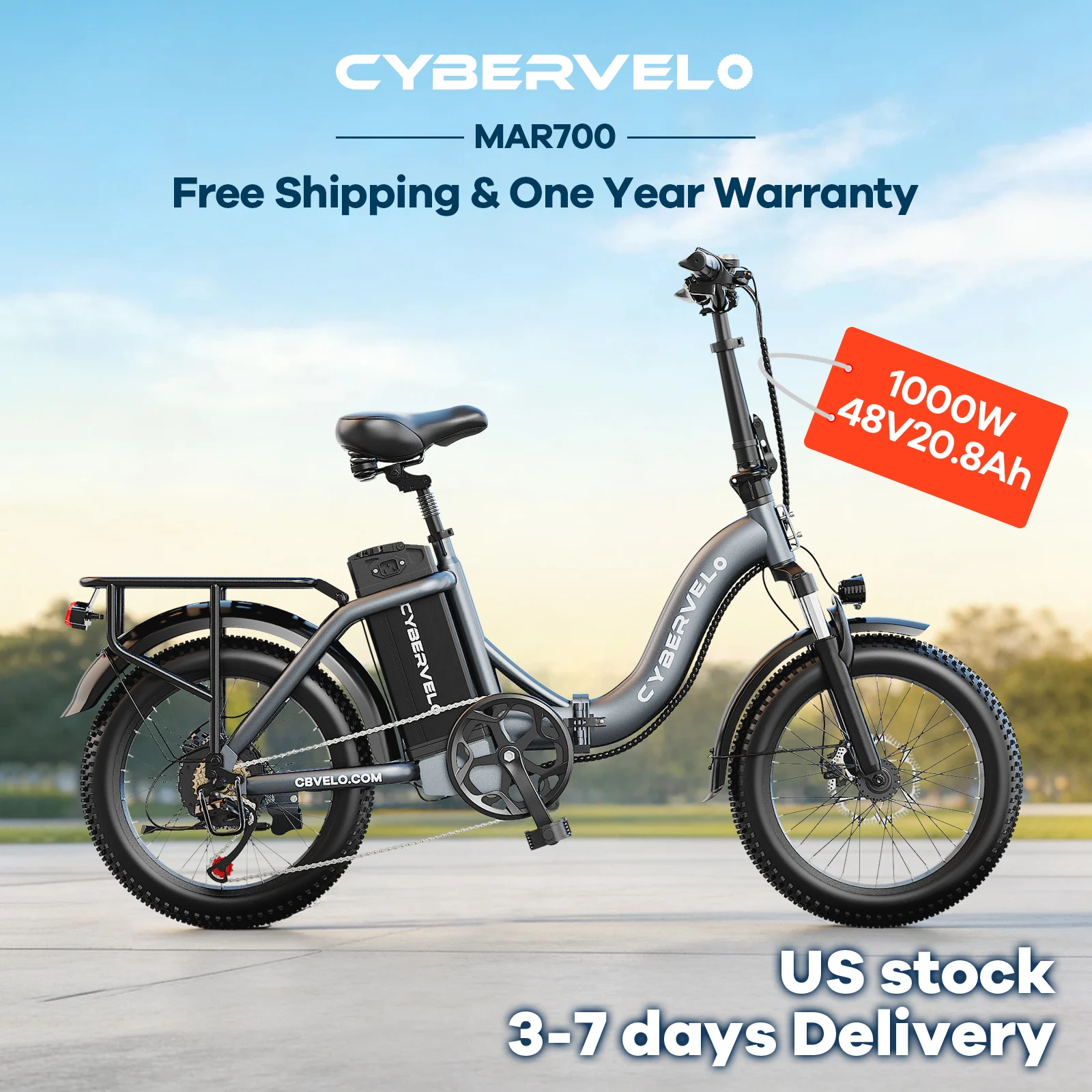Cybervelo 1000W Foldable Electric Bike for Adults 20 Inch Fat Tire Urban Commuting E-Bike 48V 20.8Ah Large Removable Battery Mars700