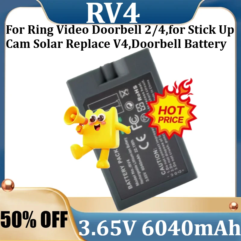 

Аккумулятор для Ring Video Doorbell 2/4, для Stick Up Cam Solar Replace V4, новый аккумулятор для дверного звонка 3.65V 6040mAh RV4, высококачественный аккумулятор.