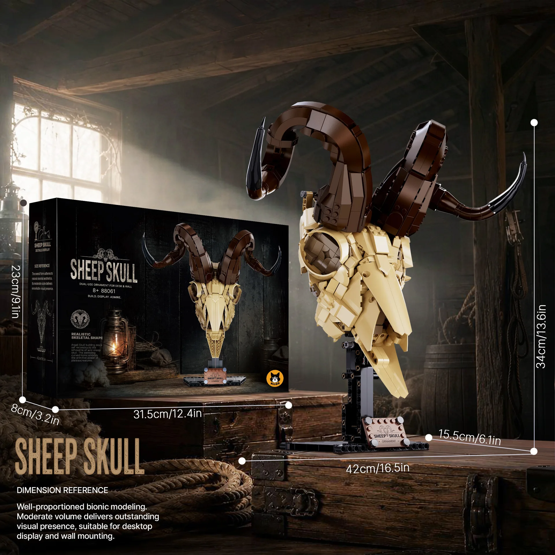 Terrifying Big Horn Sheep Skull Building Blocks Western Style Wall-Mounted 3D Animal Skeleton Living House Decor Ornaments Gifts