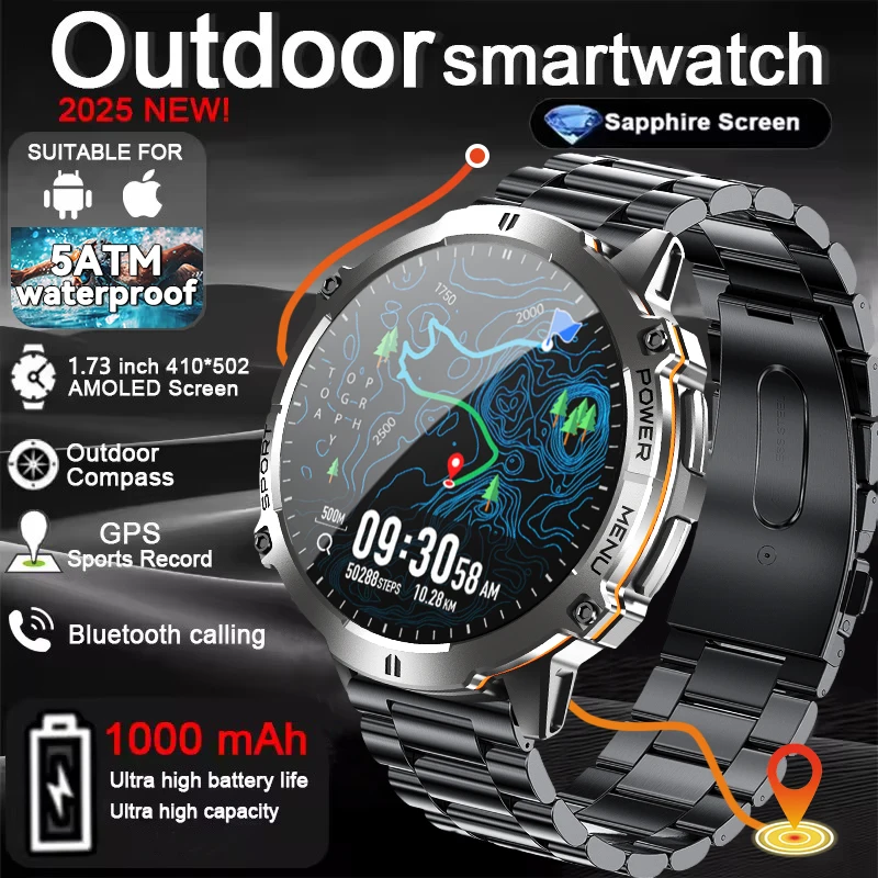 

2025New TANK X3 Outdoor Men TREX3 GPS Smartwatch 1000mAh Large Battery 5ATM Waterproof Bluetooth Call 1.73"AMOLED HD Smart Watch