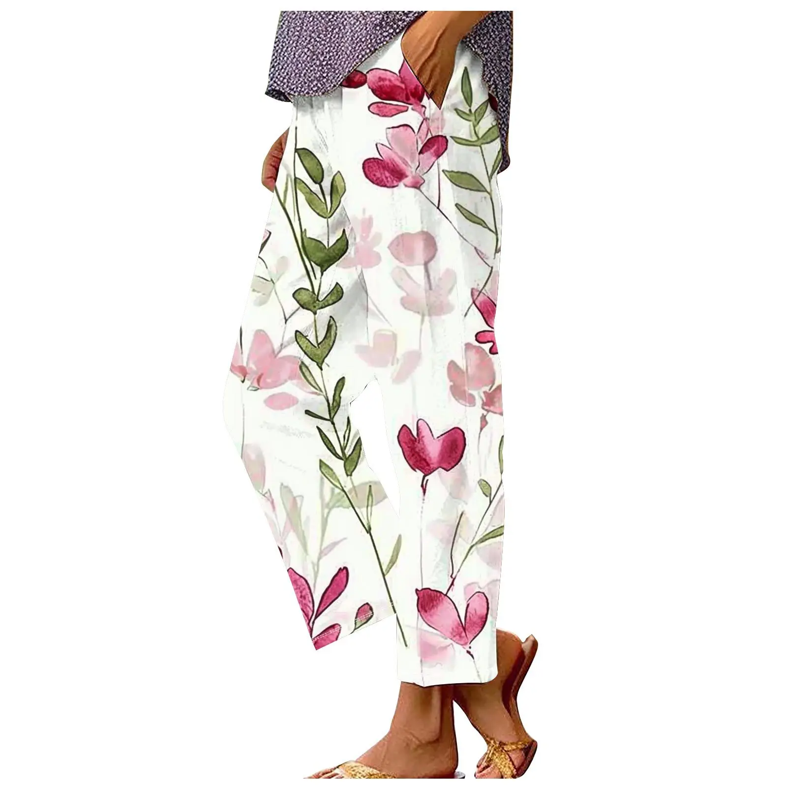 

Летние женские повседневные брюки, модные брюки с карманами и эластичной талией с принтом, женские брюки, женские офисные прямые брюки