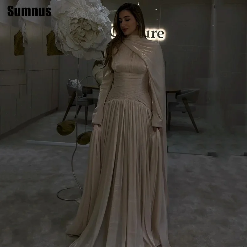

Sumnus Элегантные вечерние платья трапециевидной формы из шелкового атласа с высоким воротом и складками Вечерние платья Саудовской Аравии по индивидуальному заказу