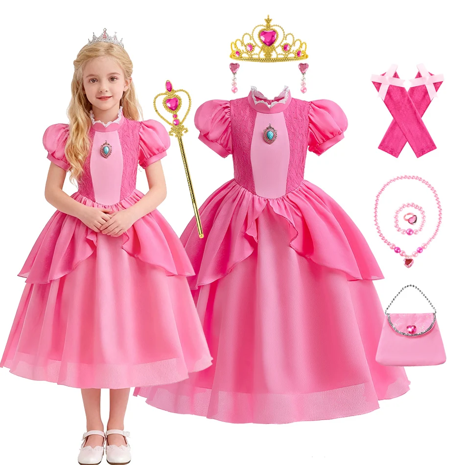 Elegantes rosa Ballkleid für Mädchen mit Spitzenbesatz und Puffärmeln, pfirsichfarbenes Prinzessinnenkleid für Kinder, Halloween, Geburtstag, Cosplay-Kostüm