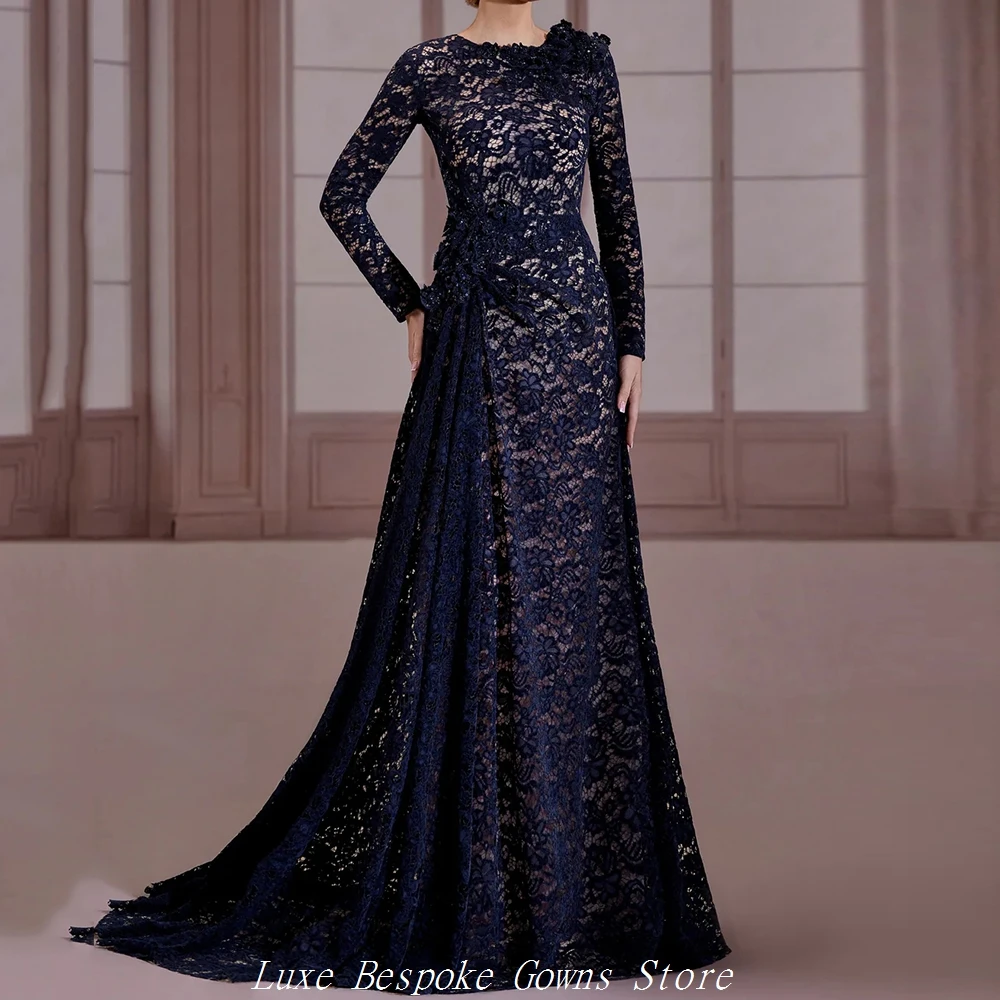 

Women's Formal Evening Gowns Mermaid Floor-length O-neck Full Sleeve Prom Dresses Fashion Lace Flowers Draped Customized Gowns