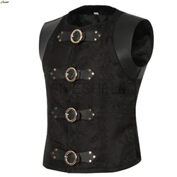 Steampunk Vest Men Suit Gilet Homme Black Belt Buckle & Lace Up Sleeveless Waistcoat Jacket Victorian Gothic Vintage Corset Vest