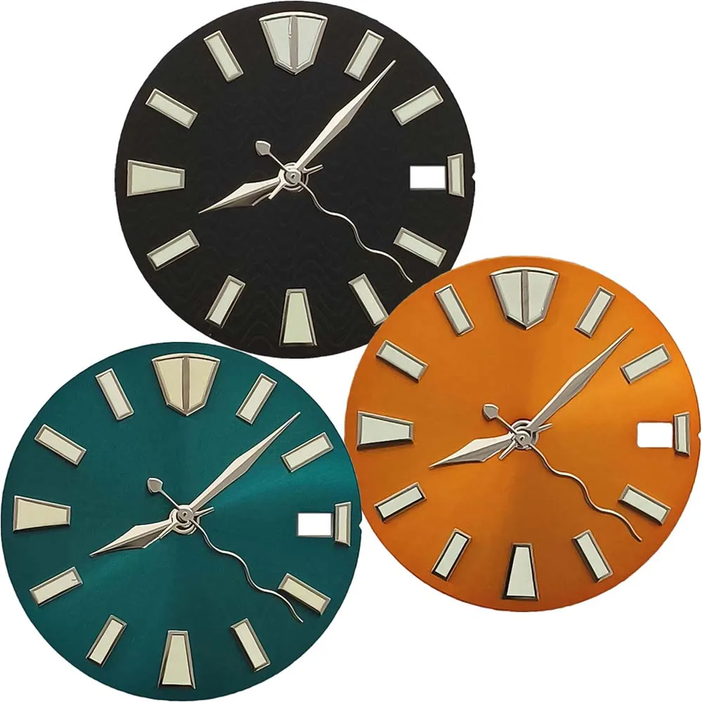 

Для NH35 циферблат 28,5 мм зеленый светящийся одиночный календарь циферблат + стрелки часов для механизма NH36 NH70