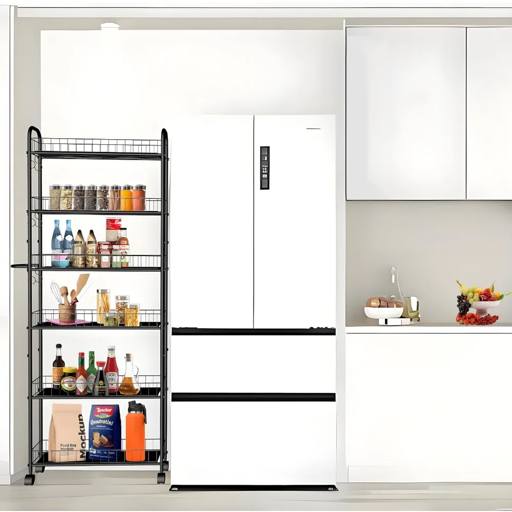 Carrinho de rolamento fino com armazenamento de 6 camadas, estante móvel com rodas para cozinha, banheiro, escritório, lavanderia