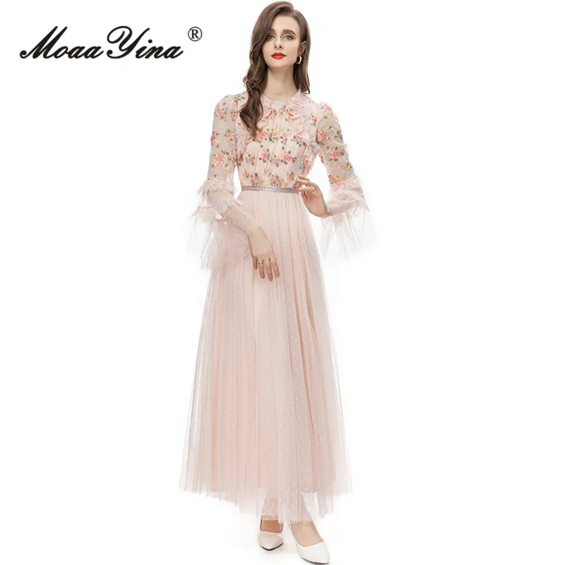 

MoaaYina Autumn Fashion Designer Pink Vintage Mesh Dress Women's O Neck Long Sleeve Ruffle Embroidery High Waist Slim Long Dress