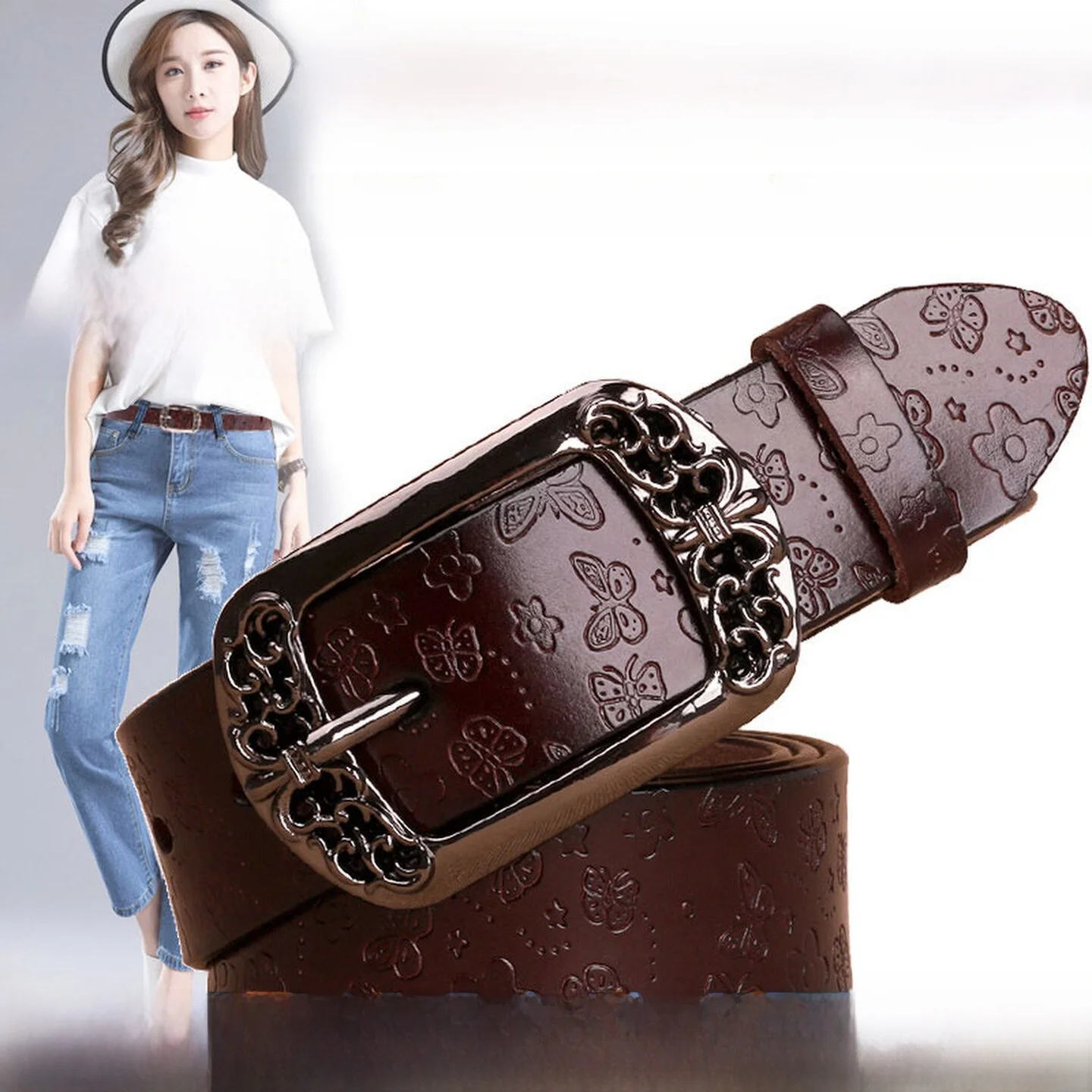 女性用本革ベルト-2026年新作-ワイドでおしゃれな多用途装飾ベルト-ジーンズ用-彫刻合金バックル-メタルピンバックル