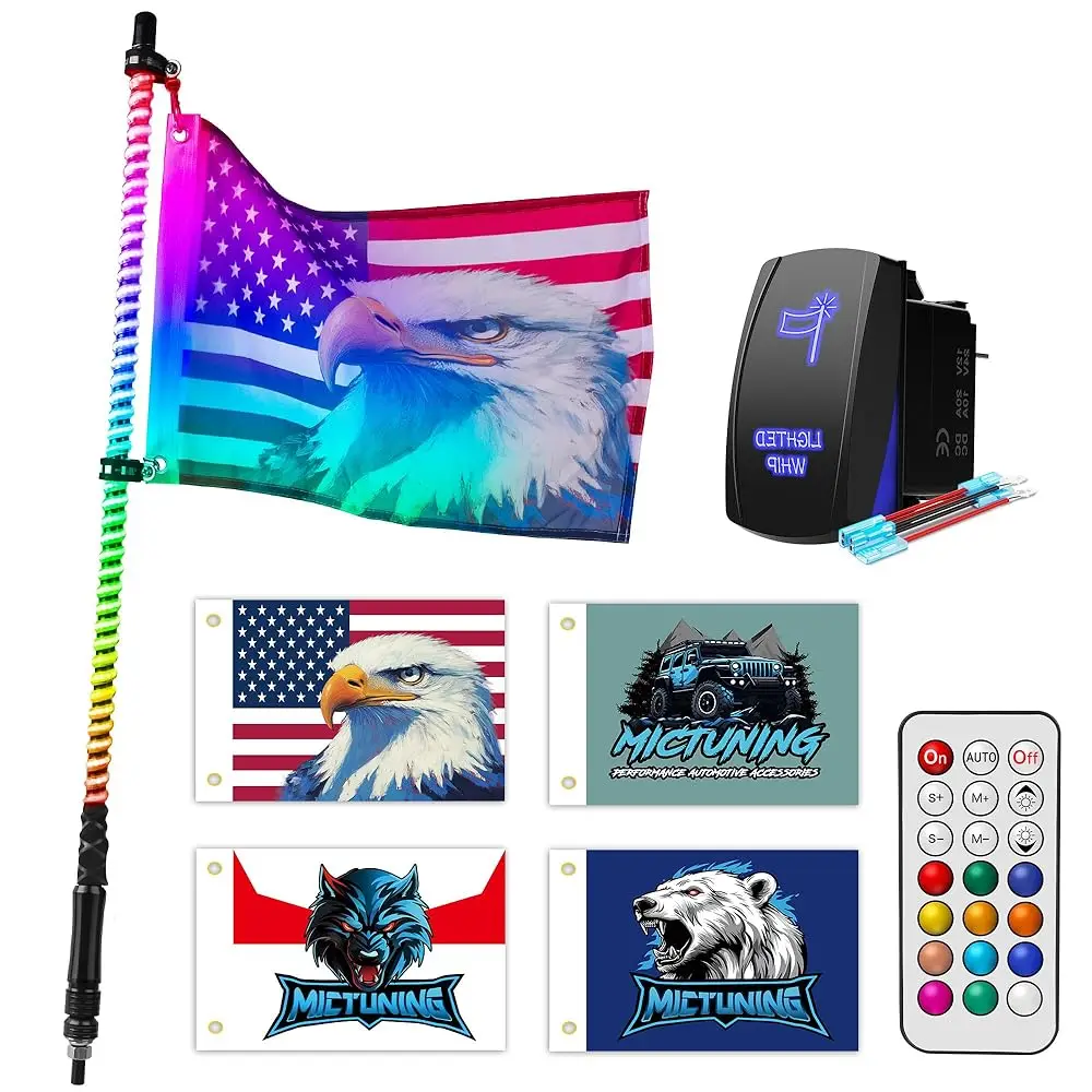 MICTUNING 3FT 360° Spiral LED Whip Lights with Remote Control,RGB+IC Dream Flow Chasing Colors, IP68 Waterproof For ATV UTV RZR