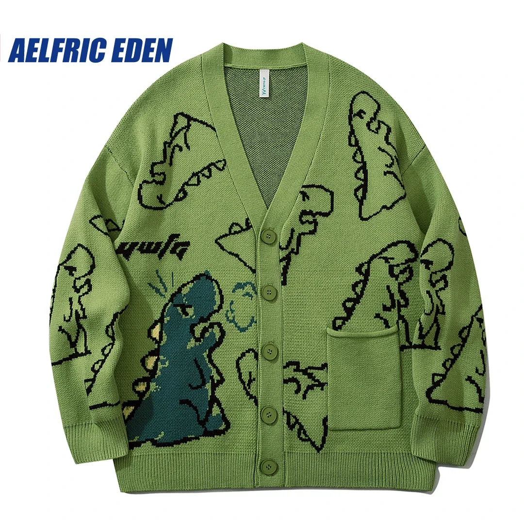 Aelfric Eden Dinosaur Cartoon Pattern Knit Cardigan Sweater Vintage Hip Hop Knitted Sweater Retro Casual Wool Hipster Streetwear