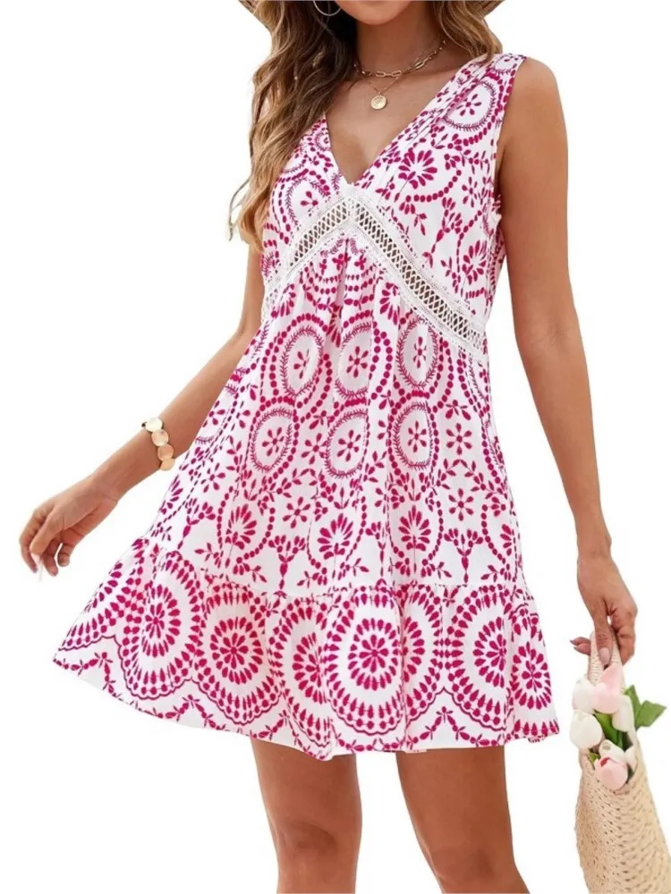 

2025 New Summer Boho Print Hollow Out Mini Dress Sexy Patchwork V Neck Sleeveless Loose Casual Beach Vacation Dresses For Woman