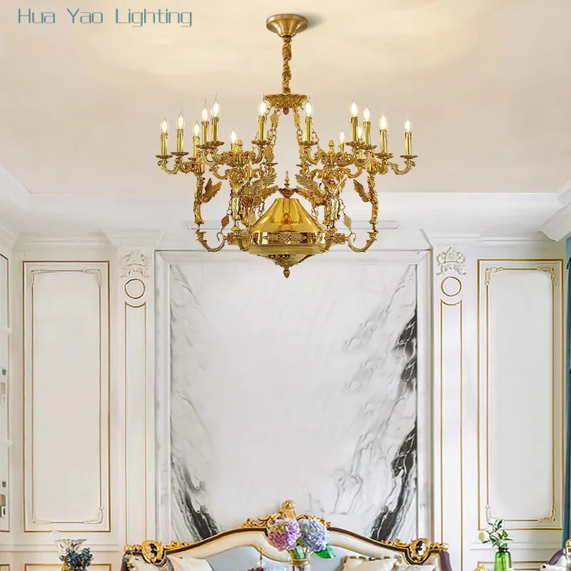 French Baroque Classic Angel Chandelier European Hotel Villa Living Room Brass Pendant Light Apartment Copper Luminaire