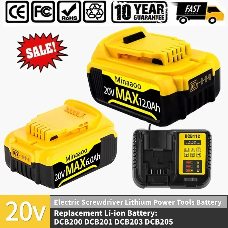 

NEW Upgrade 20V/12000Ah DCB200 Lithium Battery For Dewalt 18V MAX High-capacity replaceable battery with EU/US charger