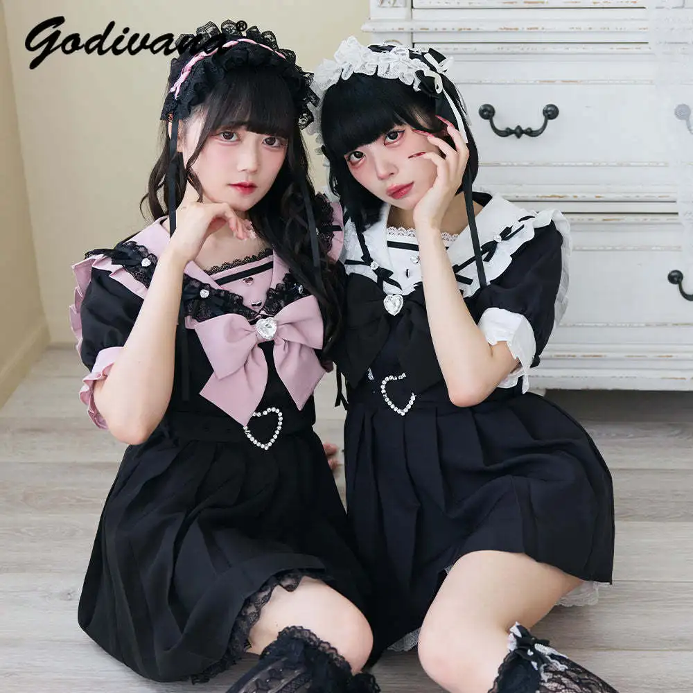 

Sweet Rhienstone Bow Lace Sailor Collar Pleated Dress 2024 Spring and Summer Japanese Style Girl Female JK Short Dress