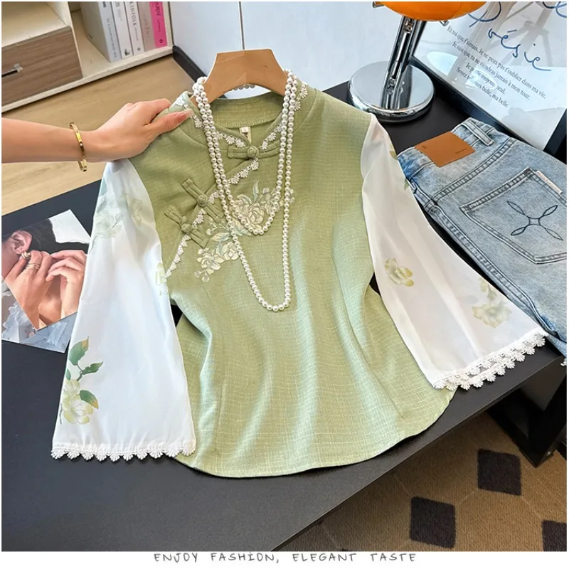 Kemeja wanita sifon, atasan blus bordir gaya China, pakaian Vintage motif bunga musim semi/musim panas untuk perempuan