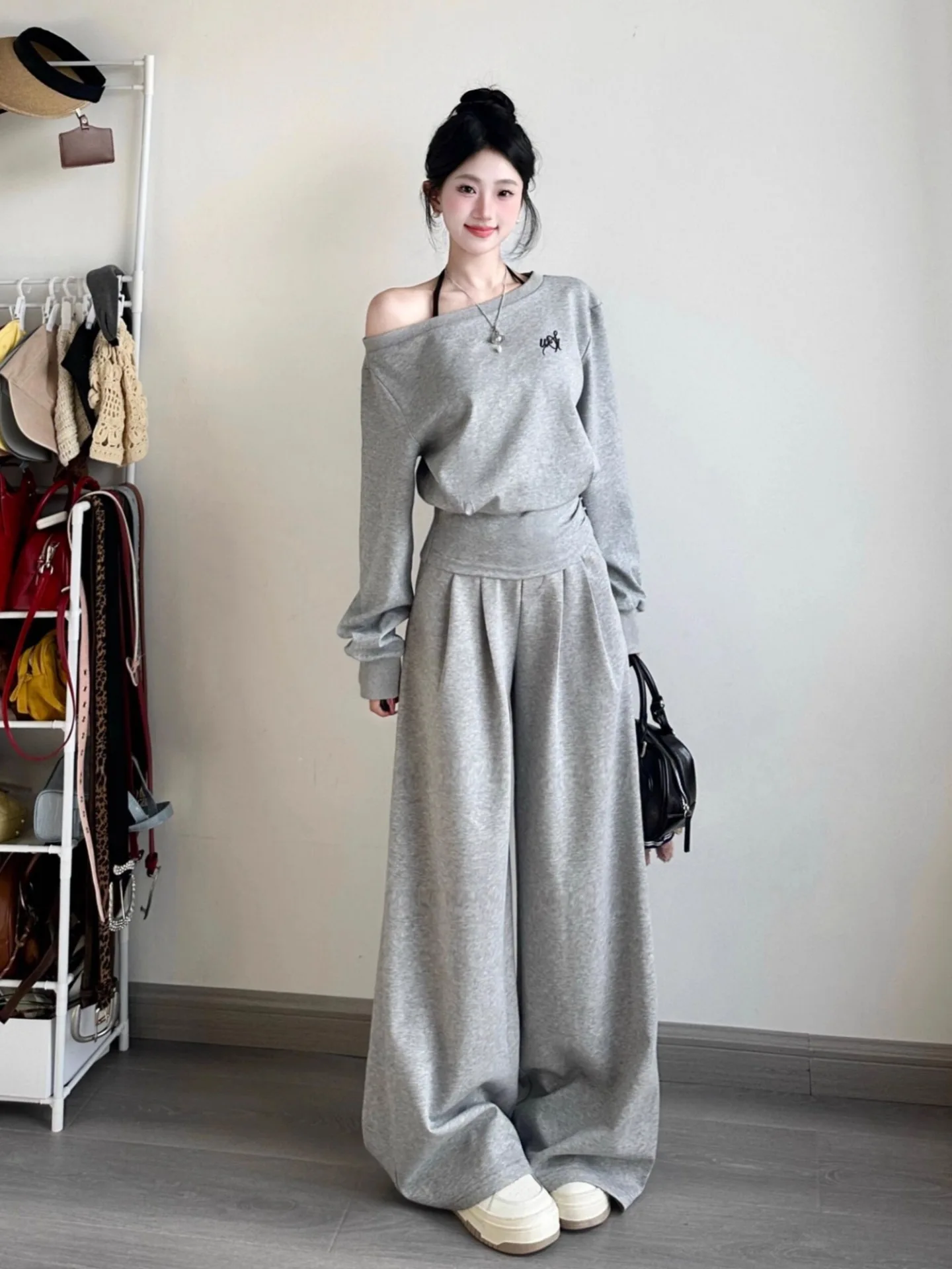 Women Long Sleeve Sweatshirt Wide Leg Pants Two Piece Set Casual Loose Daily Wear Matching Outfit