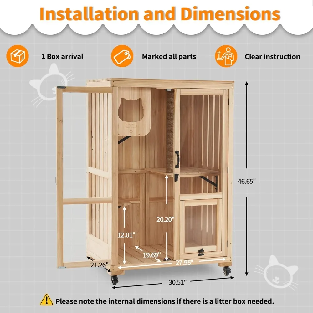 Luxury Cat House with Scratching Post, Wooden Large Cat Villa with Wheels, Multi-Feature Cat Condo with Escape Door,