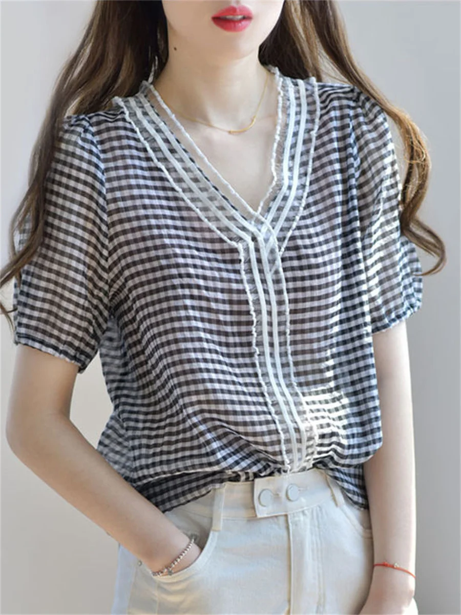 

Women Spring Summer Blouses Shirts Lady Fashion Casual Short Sleeve V-Neck Collar Lattice Stripe Blusas Tops TT2378