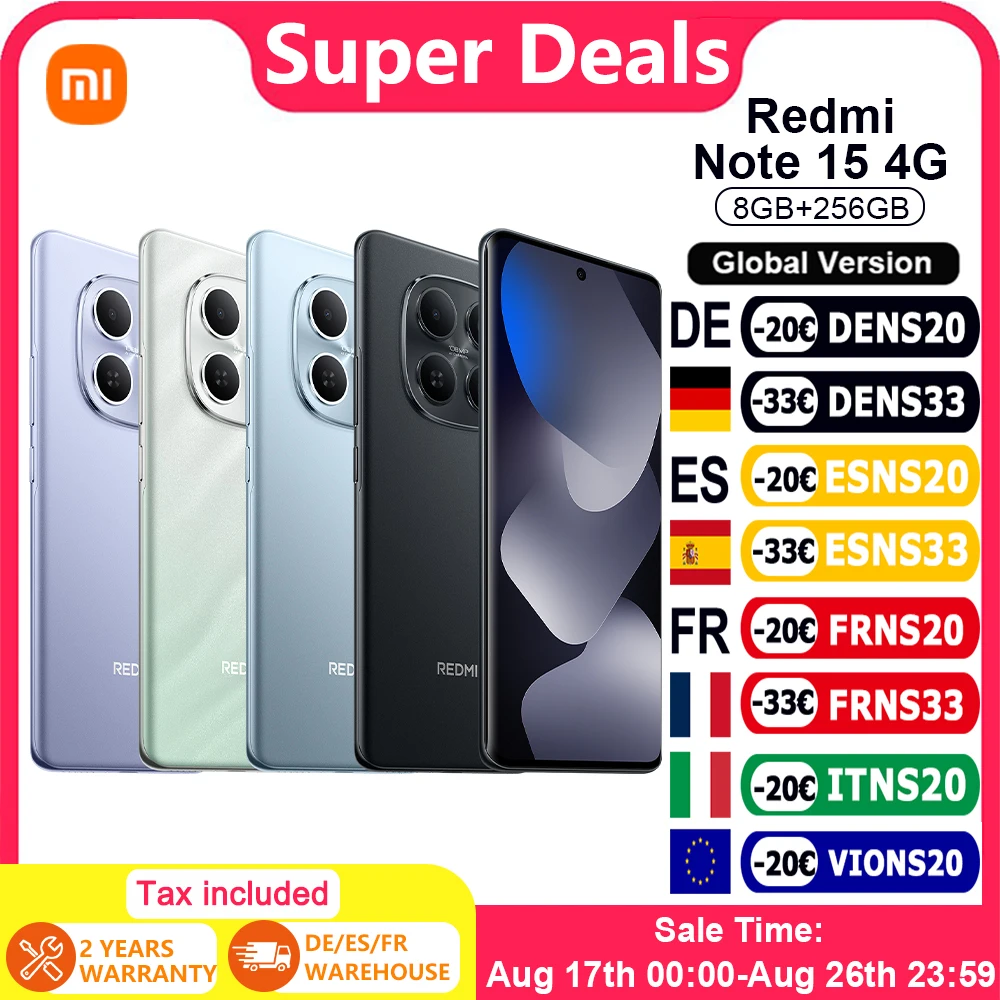 Globale Version Xiaomi Redmi Note 15 4G Smartphone 6,77" FHD 33W Turbo-Ladung 6000mAh 108MP Hauptkamera IP64 Bluetooth 5.3 NFC