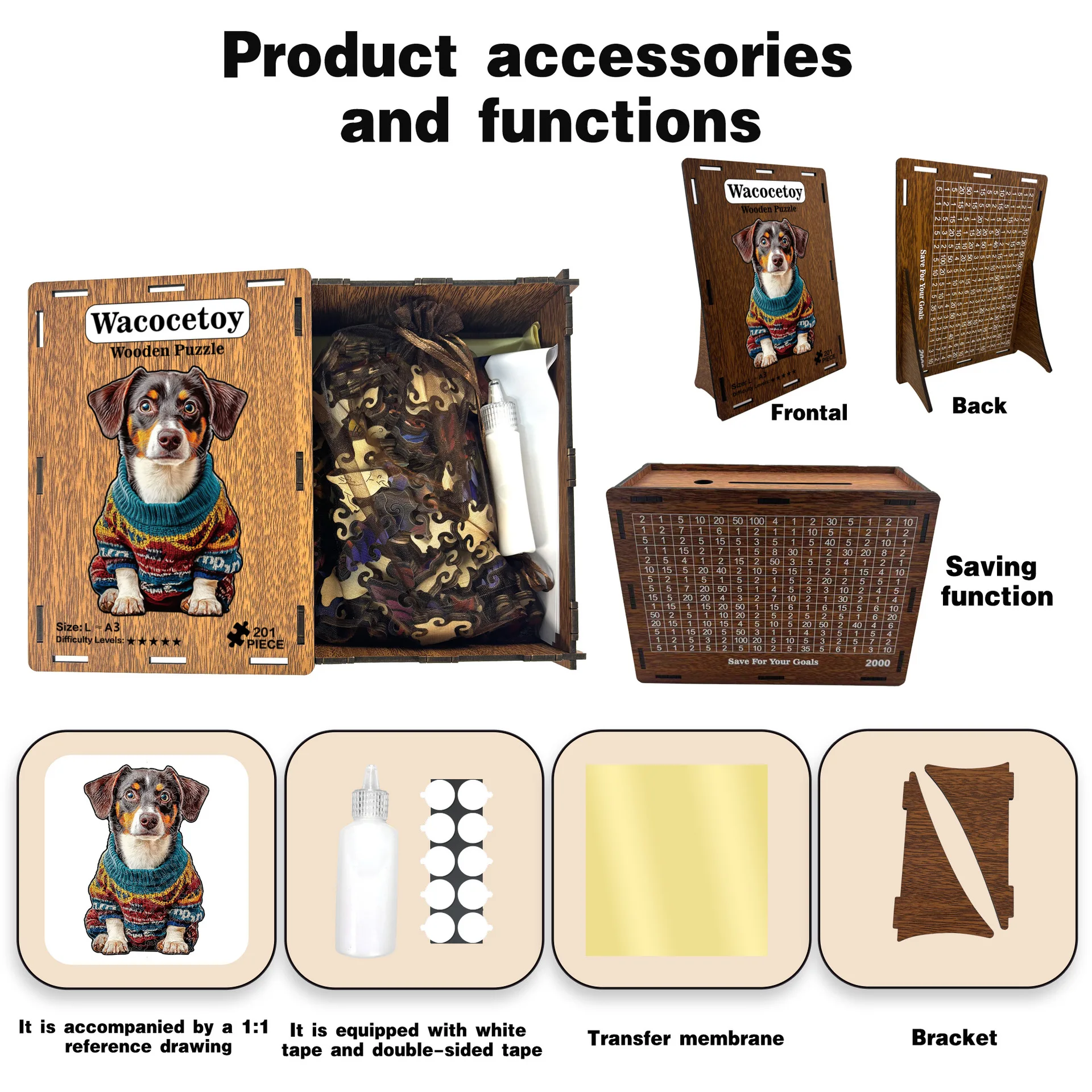 Wacocetoy 201 Pieces Wooden Dog Jigsaw Puzzle A3/A4 Size with Savings Box Decorative Puzzle for Adults Kids Family Game with Bra