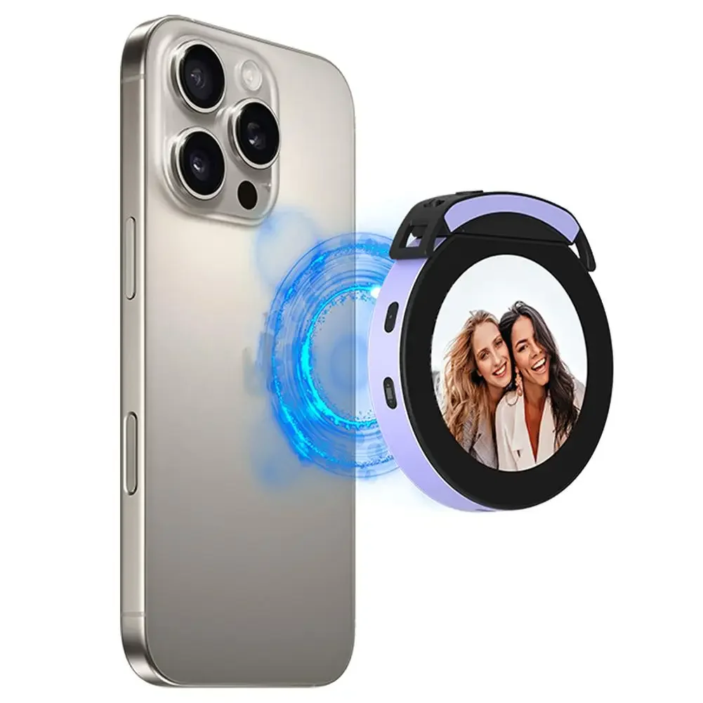 Espelho de selfie magnético redondo sem fio para celular com monitor de projeção de tela para transmissão ao vivo de fotos e vídeos