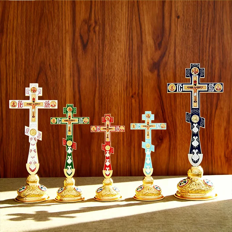 Neues Orthodoxes Kruzifix, vergoldetes Standkreuz mit religiösen Porträts, christliche Altardekoration für Zuhause, orthodoxes Geschenk – Detail 9