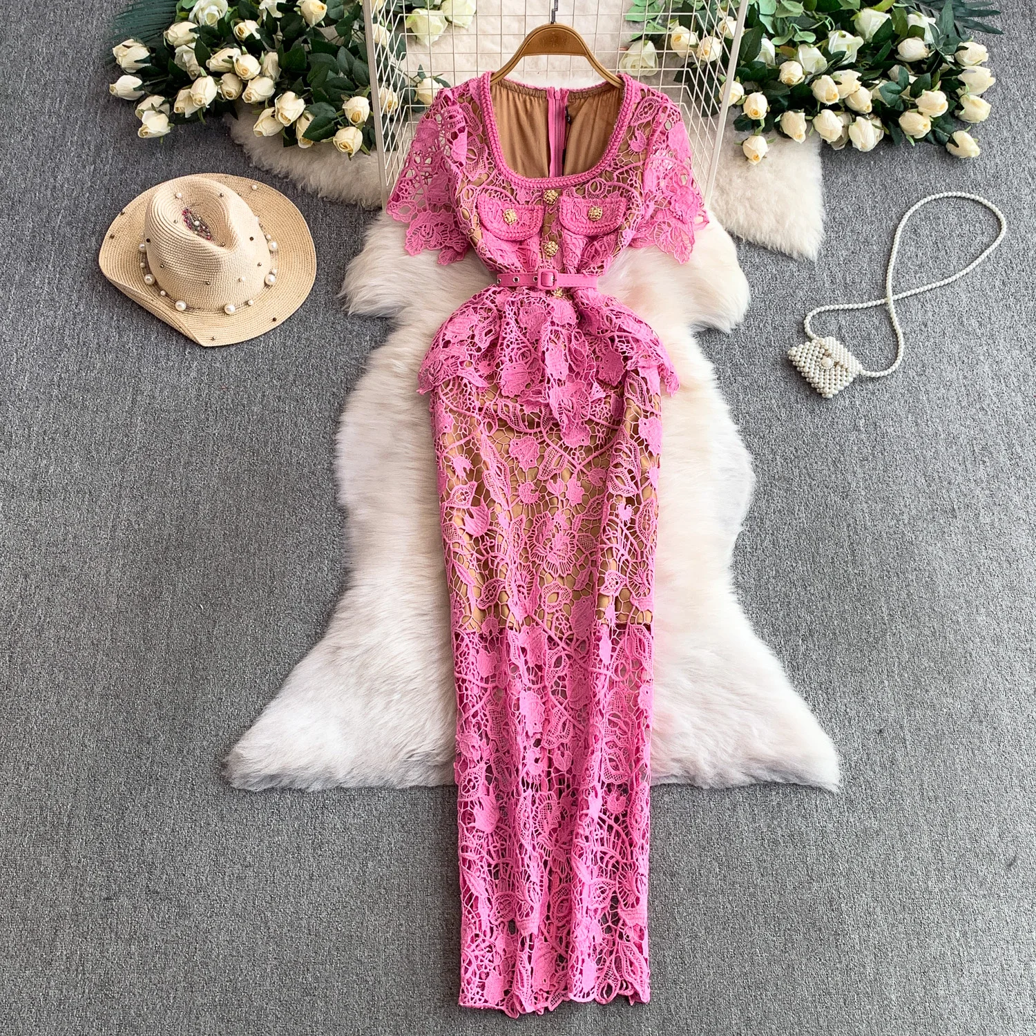 Chic vintage hollow out lace short sleeve dress Elegant Fairy korean fashion sundress women clothing