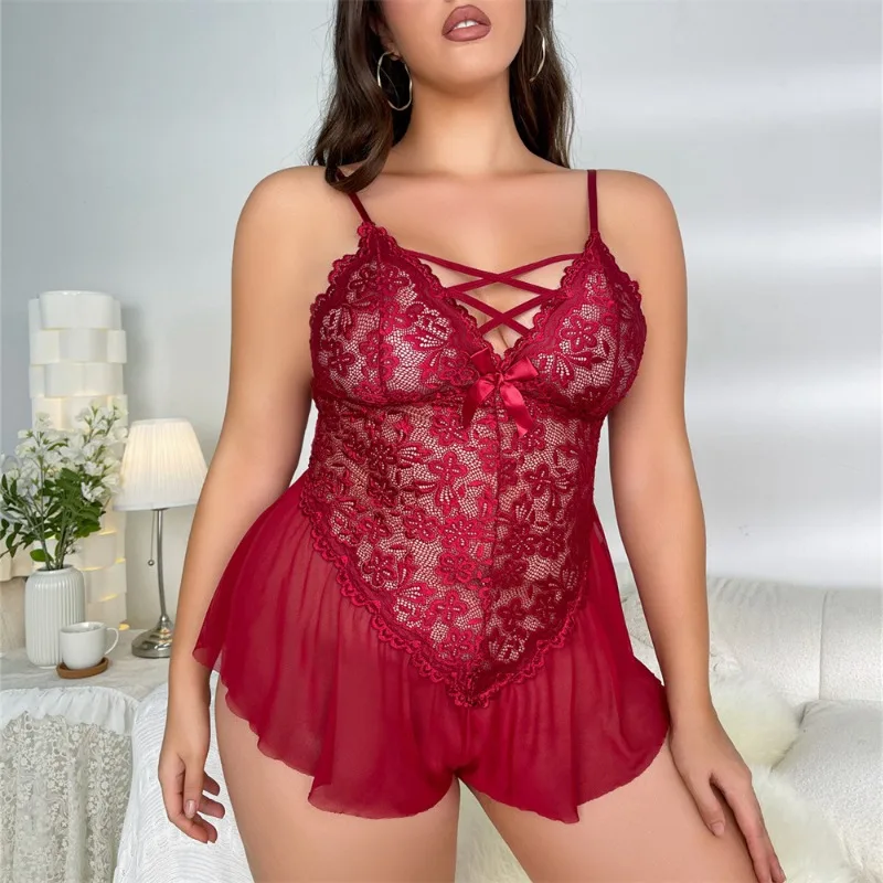 

Plus Size Sexy Deep V Lace Nightgown Mesh Sheer Underwear Passionate Hot Bodysuit with Floral Lace Trim One-piece XL-4XL