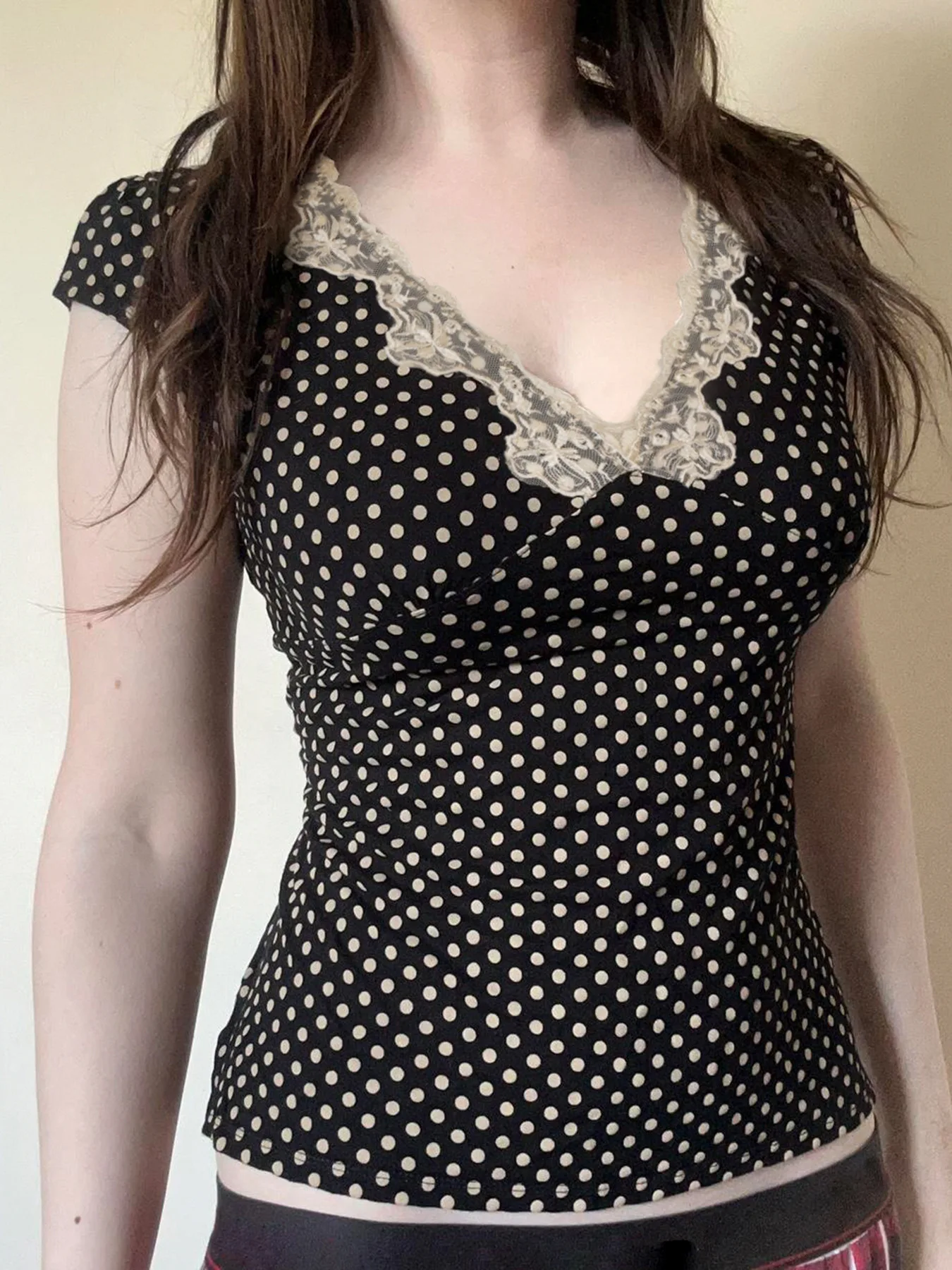 French Polka Dot Lace Deep V Neck Sweet Cute Top Women's Casual Base Layer Shirt Across Borders European And American