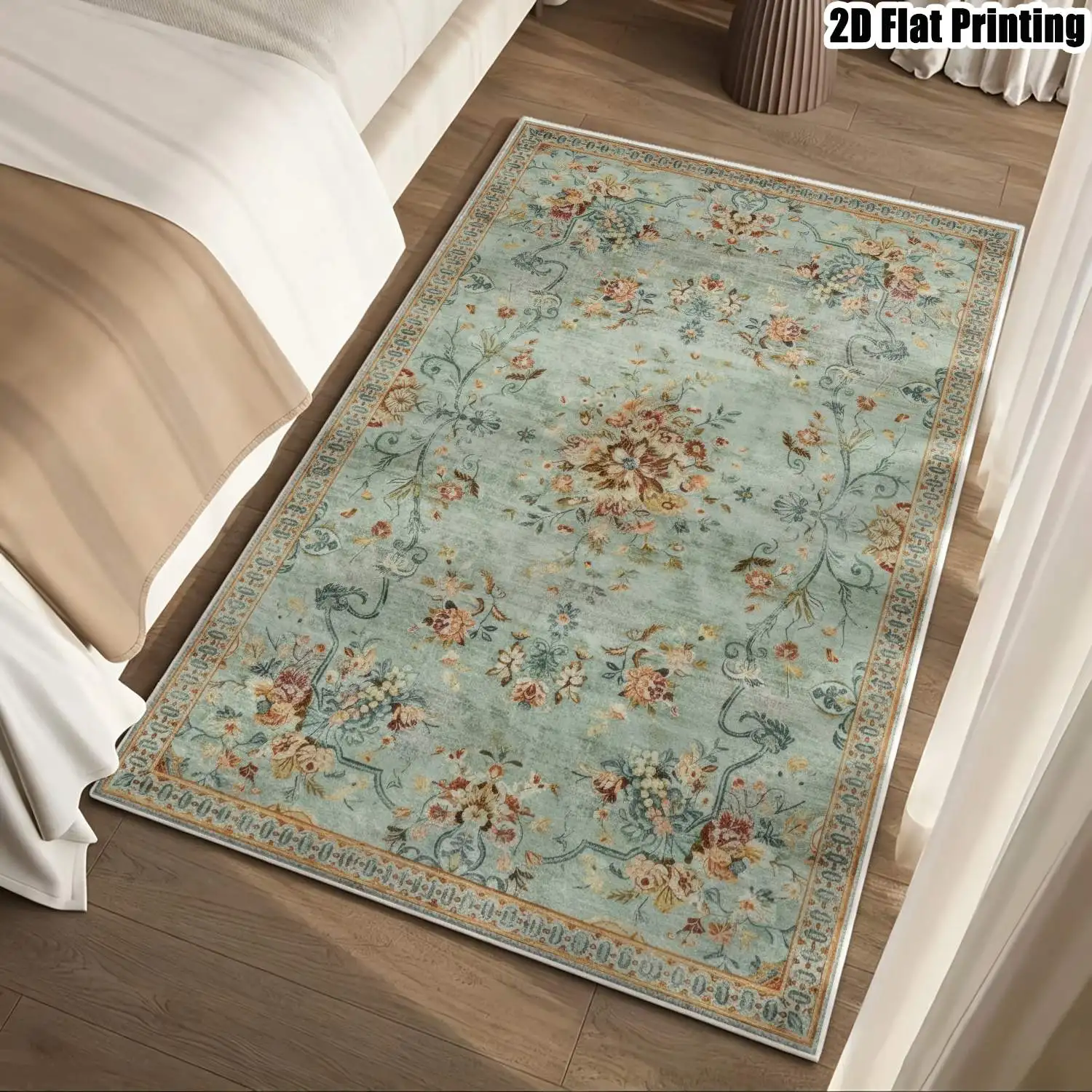 1Pc 2D Printed Retro Blue Floral Velvet Carpet: Home Decor, Machine Washable, Multi-Size, Multi-Use