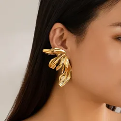 Vintage Stainless Steel Lily Leaves Stud Earrings for Women Irregular Texture Gold Color Wings Metal Chic Waterproof Jewelry