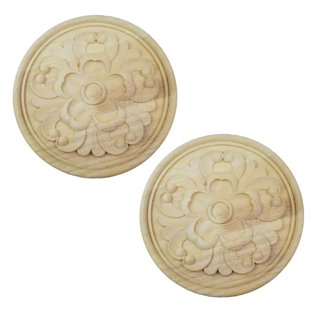 

2pcs Wood Carved Onlay Appliques for Furniture Wall Door 20cm Solid Wood Unpainted Round Decal Decor of Home Kitchen Ornament