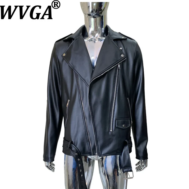 

WVGA Autumn Winter New Men Belt Trendy PU Leather Zipper Long Sleeve Coats Niche Chic Casual Turn-Down Collar Jackets Ins W15419