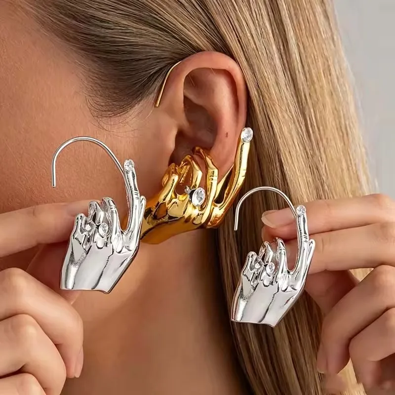 1PC Fashion Exaggertaed Metal Hand Left Earcuff Dangle Earrings for Women Statement Jewelry Party Show Accessory