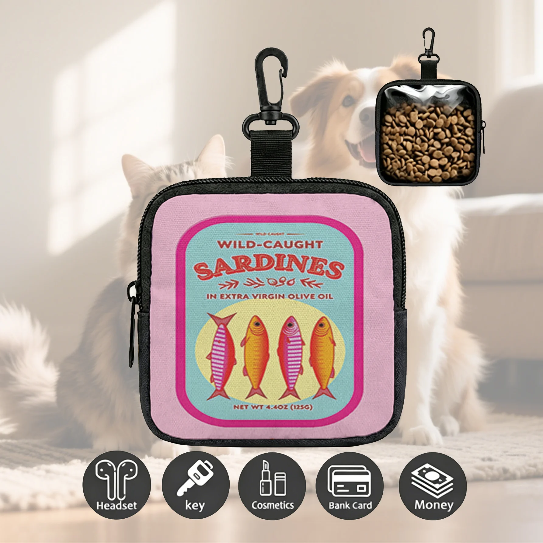 Vintage Sardine Pattern Pet Treat Pouch Portable Outdoor Dog Walking Storage Bag