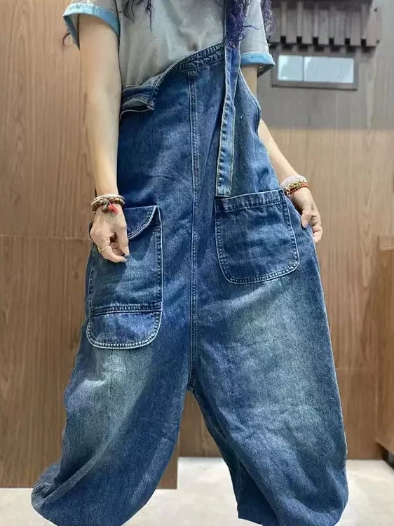 

Женские джинсовые комбинезоны с регулируемыми бретелями, новинка весны, свободный крой, большие размеры, винтажные, с пуговицами, длинные брюки-харлан, повседневные брюки