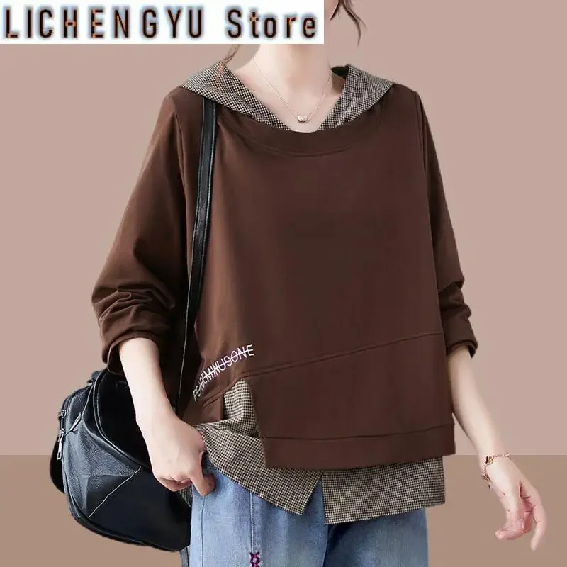 Fashion Fake Two Pieces Plaid Embroidery Hooded Sweatshirts Women Clothing Autumn New Loose Korean Tops Casual Sweatshirts