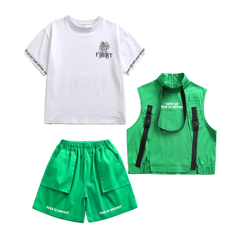 Kid Hip Hop Clothing Grahphic Tee Oversized T Shirt Sleeveless Jacket Green Summer Shorts for Girl Boy Dance Costume Clothes