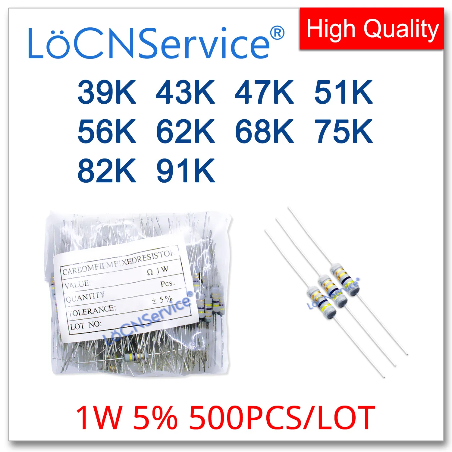 LoCNService 500 ชิ้น/ล็อต 5% 1W 39K 43K 47K 51K 56K 62K 68K 75K 82K 91K ตัวต้านทานฟิล์มคาร์บอน DIP OHM