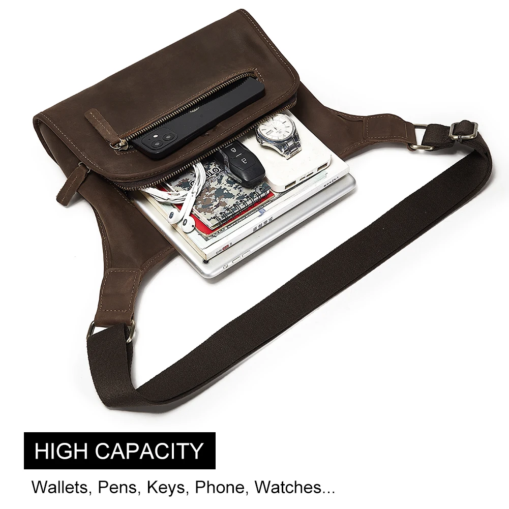 HUMERPAUL Crazy Horse Leather Waist Belt Pack for Men Classic Retro Crossbody Bag Multifunction Outdoor Mobile Phone Bag
