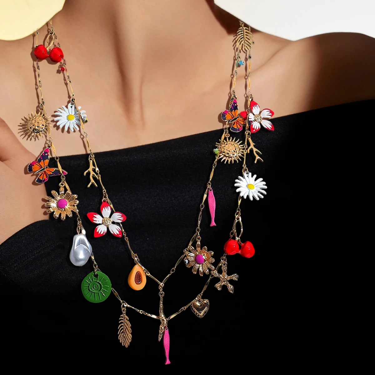 

ZAA 2025 New Fashion Charm Necklace For Women Bohemia Summer Holiday Fish Cherry Flower Pendant Jewelry Aaccessories Gift