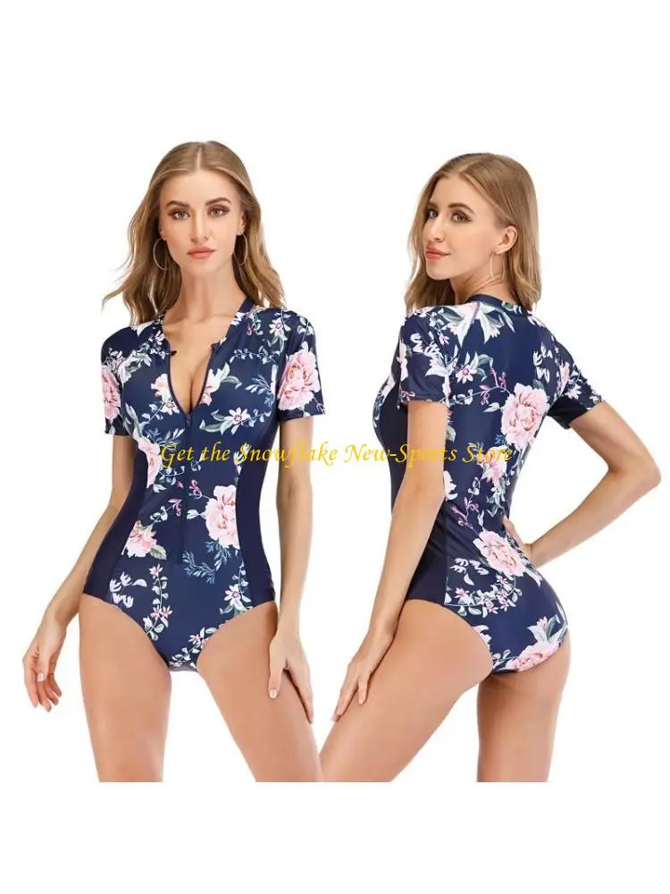 

E56D Женский консервативный купальник с коротким рукавом и принтом, бикини с высокими ногами